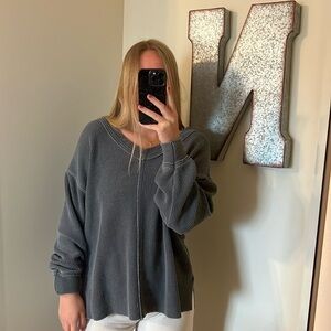 Aerie Ribbed Oversized V-Neck Gray Sweater